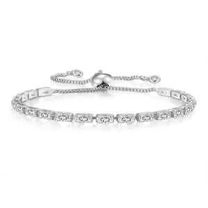 Detailed view of silver adjustable tennis bracelet with rectangular zirconias and slide clasp