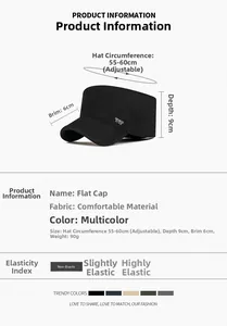 Size chart showing flat top cap dimensions 55-60cm circumference and 9cm depth details