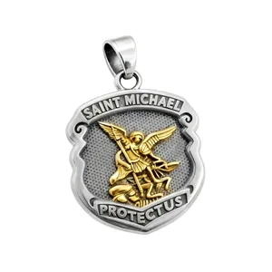Religious Saint Michael shield pendant necklace in gold and silver finish on white background