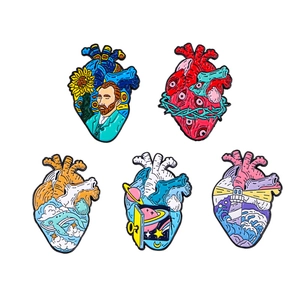 Set of 5 Van Gogh inspired heart enamel pins featuring lighthouse whale and space designs