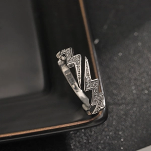 Adjustable lightning bolt ring for men with silver finish and sparkling zircon stones