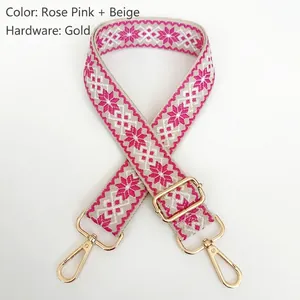 Detail of 3.8cm jacquard canvas bag strap with beige rose pink geometric pattern and gold hooks