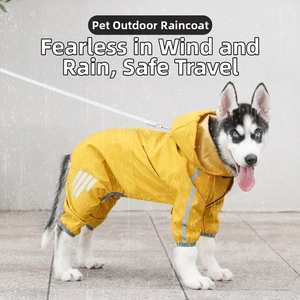 Detail view of yellow pet raincoat with silver reflective safety strips in rainy scene