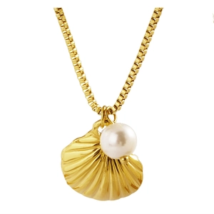 Golden shell pendant necklace with white pearl on square chain for women