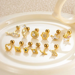 Set of 12 gold plated surgical steel stud earrings with zircon and pearl accents