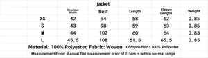 Tableau des tailles détaillé pour blazer aspect suédine avec ceinture, mesures du XS au L