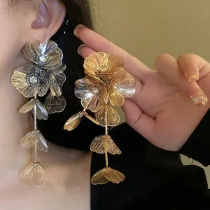 Statement Flower Long Tassel Earrings With Rhinestone And Silver Earring Post Copper Hollow Mesh Jewelry For Women