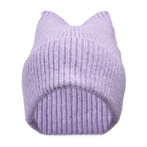 Detailed knit texture of light purple cat ear beanie made of soft ribbed wool
