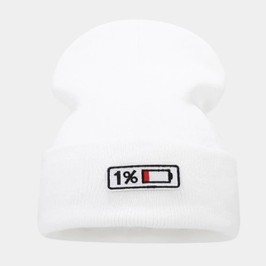 Close-up of white knitted beanie featuring a creative 1% battery embroidery patch detail