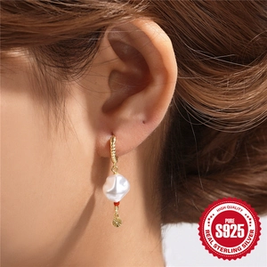 Baroque pearl drop earrings in S925 sterling silver with sun flower charm for women