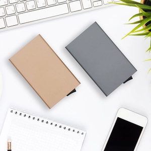 Slim aluminum RFID blocking card holder in rose gold and grey for business use