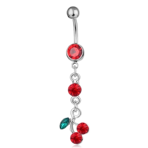 Silver belly button ring featuring a red rhinestone cherry pendant with green leaves