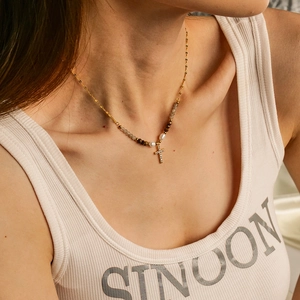 Elegant 18K gold plated titanium necklace with colorful pearls and rhinestone cross pendant