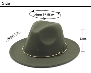 Size chart for olive green wool fedora hat showing 57-58cm head circumference and 7cm brim