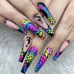 Long Ballerina Coffin Press On Nails ABS French Tip Colorful Floral Leaf Pattern Rhinestone Decor For Women