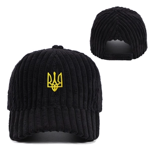 Black corduroy baseball cap with yellow Ukraine trident embroidery and adjustable strap
