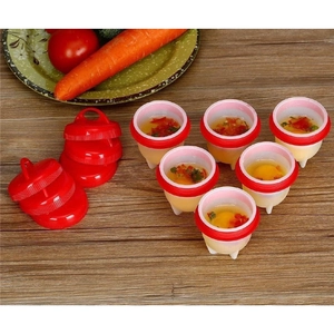 Detailed set of 6 silicone egg cooker cups with red lids on a wooden tabletop