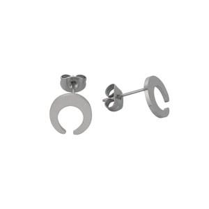 Detailed view of silver stainless steel crescent stud earrings with butterfly backs