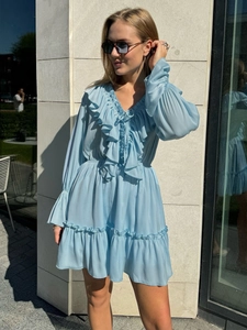 Light blue chiffon V-neck mini dress with ruffled details and long flared sleeves