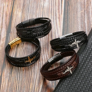 Handmade layered leather bracelet with heartbeat design and magnetic clasp for men