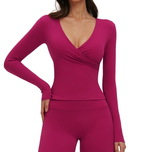 Slim fit V-neck long sleeve yoga top and high waist leggings set in magenta pink