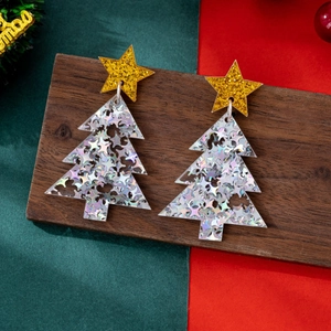 Sparkly geometric Christmas tree drop earrings with gold stars and colorful sequins