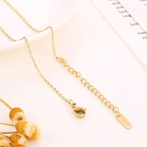 Detail van een gouden karabijnsluiting met 18K keurmerk op een roestvrijstalen ketting