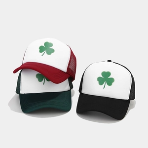 Detailed stacked view of breathable mesh baseball caps with clover print and snapback