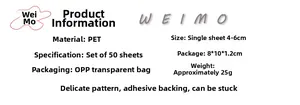 Detailed specifications of 50pcs PET stickers set, showing 4-6cm size and 25g weight details