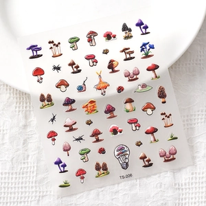 5D embossed mushroom garden nail stickers with snail and insect motifs, model TS-206