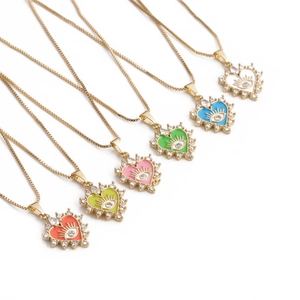 Colliers coeur en cuivre colorés avec zircone et pendentifs mauvais oeil en couleurs
