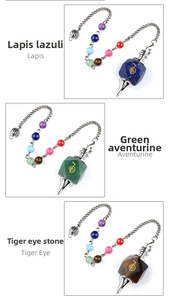 Detailed view of Lapis Lazuli, Aventurine, and Tiger Eye pendulum dowsers with Reiki symbols