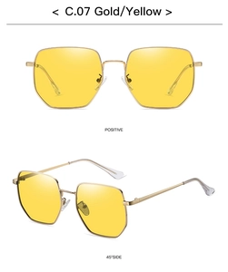 Detail view showing C.07 gold metal frame and yellow polarized lenses from two angles
