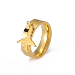 Minimalist 18k gold plated stainless steel ring with airplane charm on white background