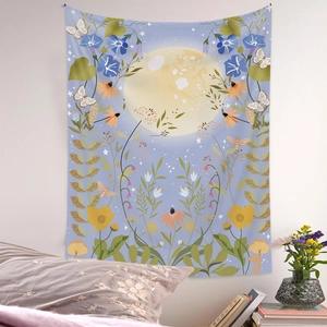 Floral moon phase wall tapestry for bedroom decor featuring butterflies and honeybees