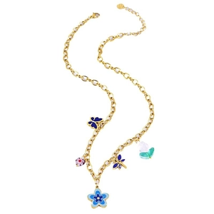 Golden multi-charm necklace featuring blue butterflies and floral enamel pendants