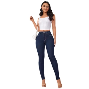 Women's dark blue high waist skinny jeans with bodycon lifting effect and slim fit style