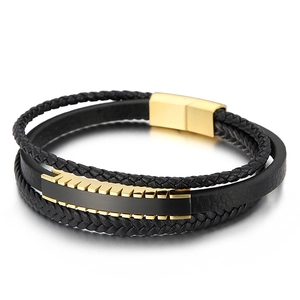 Bracelet multicouche en cuir tressé pour homme avec fermoir magnétique noir et doré