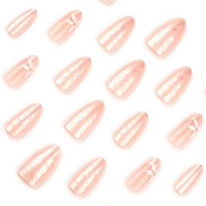 White flower almond fake nails in pearl pink finish for summer manicure fashion