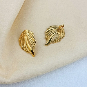 Chic 18K gold plated stainless steel leaf earrings with vintage textured leaf veins