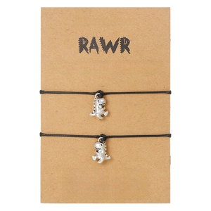 Set of two silver dinosaur charm bracelets with adjustable black cords on gift card