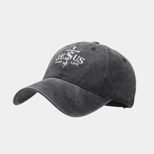 Detail of Jesus Saved My Life embroidery on washed cotton cross graphic baseball cap