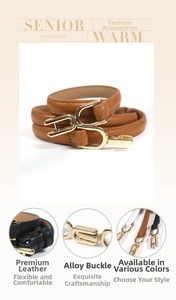 Detail of adjustable slim leather belt with H-shaped alloy buckle for women dresses