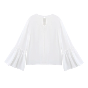 Elegant white chiffon blouse with bell sleeves and keyhole back closure detail