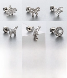 Detailed chart of silver titanium steel ear studs with zircon heart and bow designs