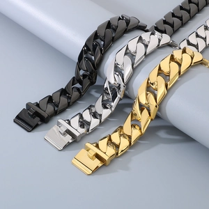 Three polished 24mm flat Cuban link bracelets in black, silver and gold finishes