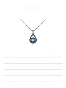 Macro view of S925 sterling silver devil eye pendant with blue enamel and sizing details