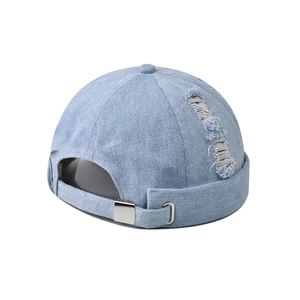 Frayed light blue denim docker hat with vintage wash and adjustable metal buckle
