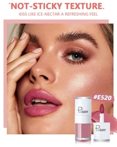 Close-up of velvet matte lip gloss E520 on lips with non-sticky ice-nectar texture