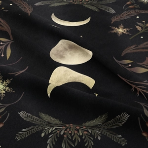 Bohemian black wall tapestry with golden moon phases and winter botanical prints